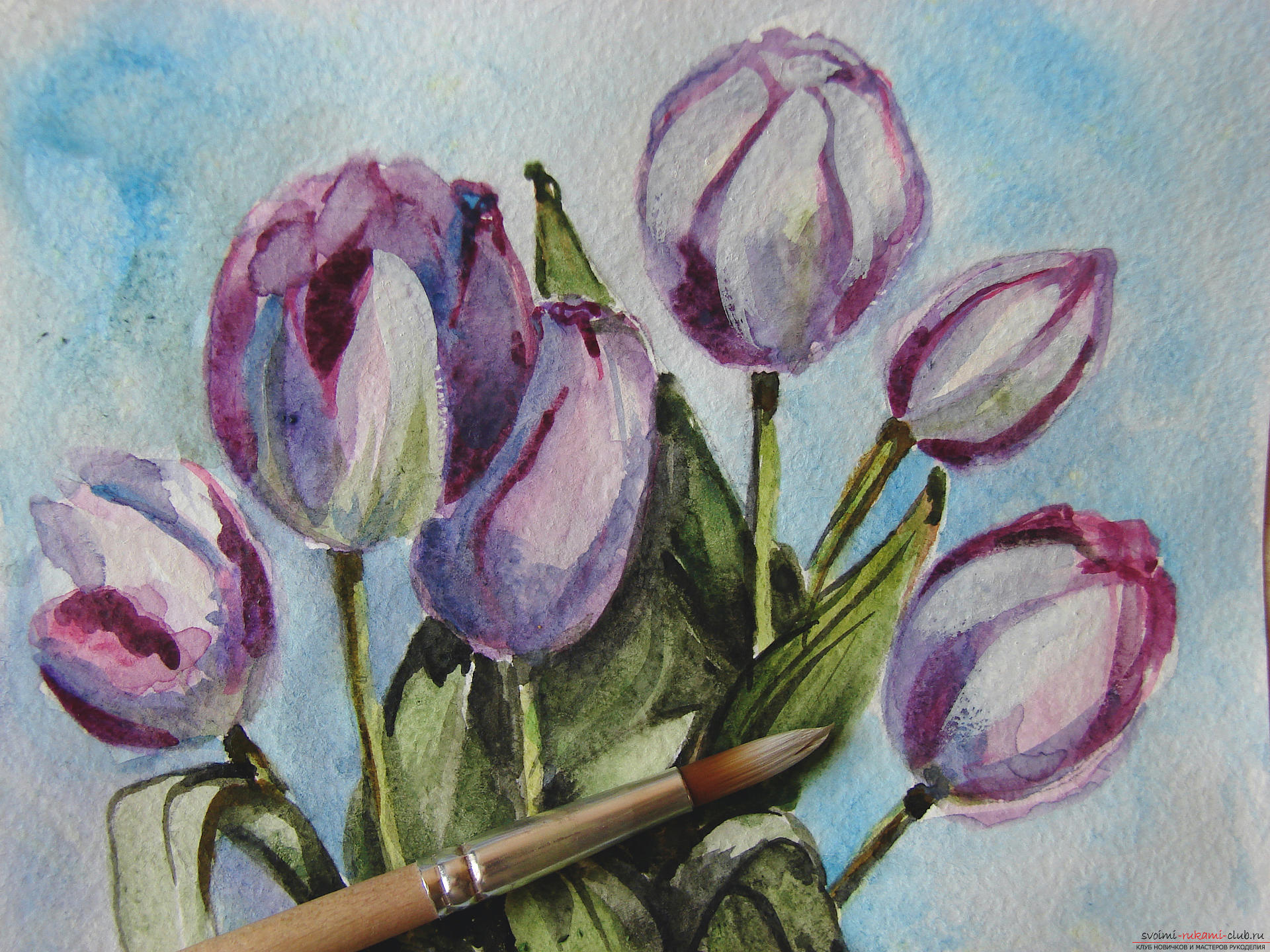 Мастер-класс по рисованию с фото научит как нарисовать цветы, подробно описав как рисуются тюльпаны поэтапно.. Фото №26